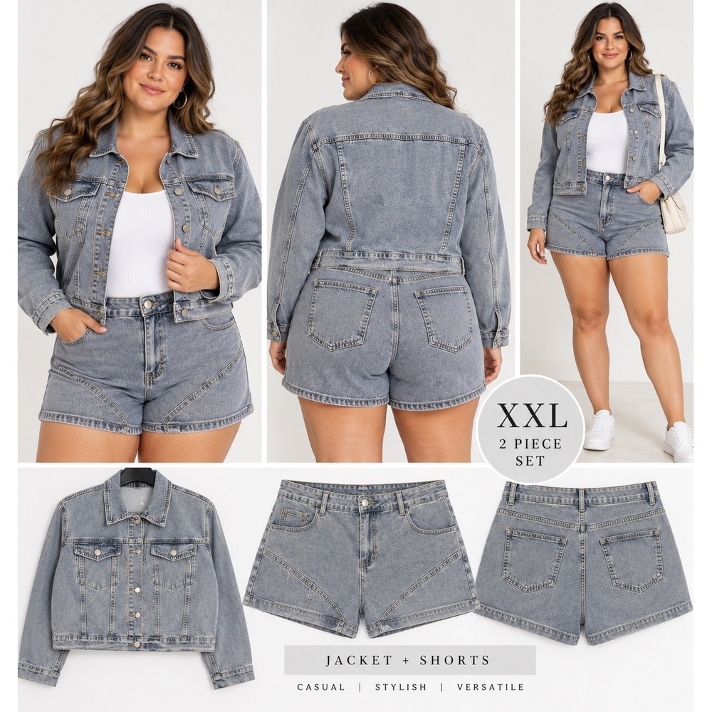 Women's XXL Light Blue Denim Jacket & Shorts 2 Piece Set NWT New in Bag